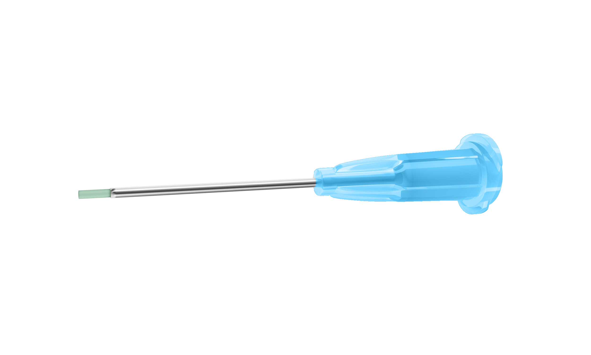 Close-up of the green colored cannula for visualization, showcasing its soft tip design.