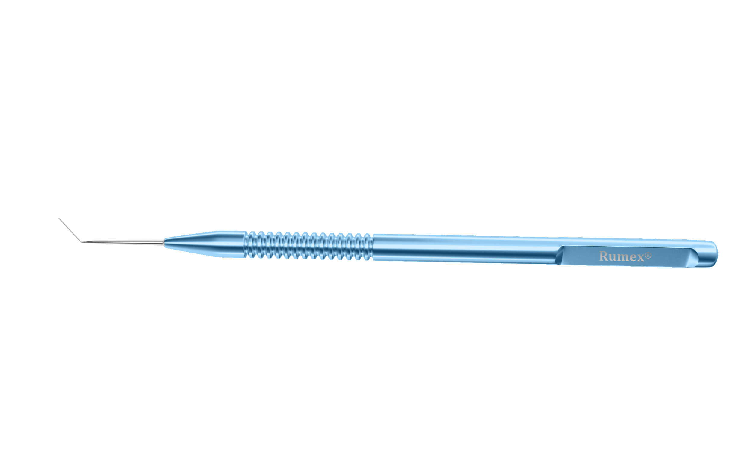 Close-up of angled blunt tip titanium surgical guide for corneal lifting