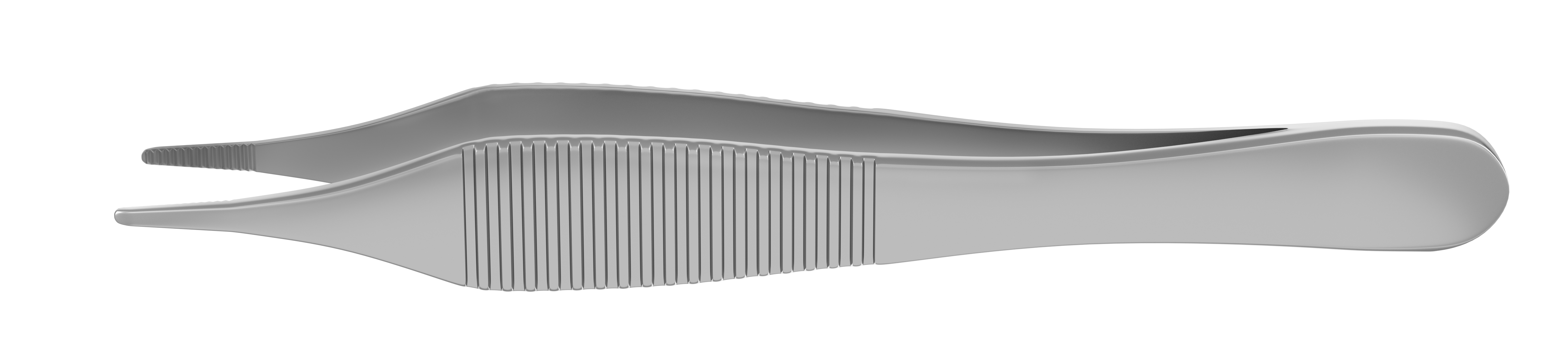Stainless steel Adson dressing forceps with flat handle lying on a surgical tray
