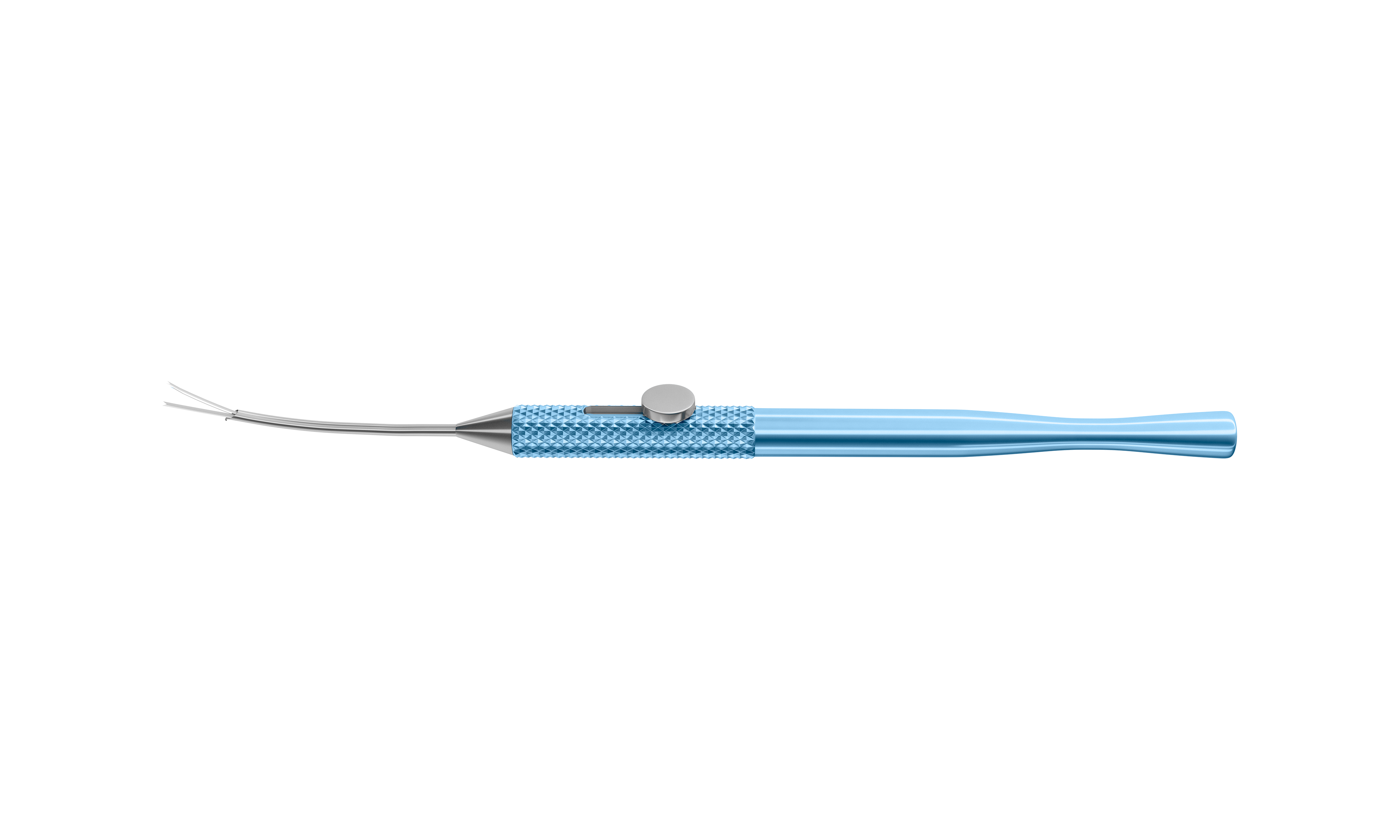 Close-up of Beehler pupil dilator with curved shaft and titanium handle in use during eye surgery