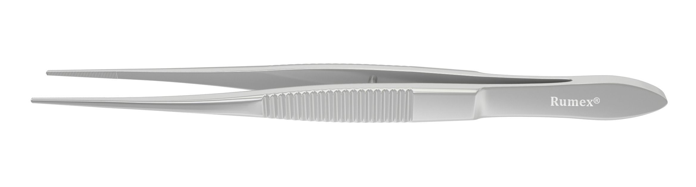 Stainless steel dressing forceps with serrations, angled view