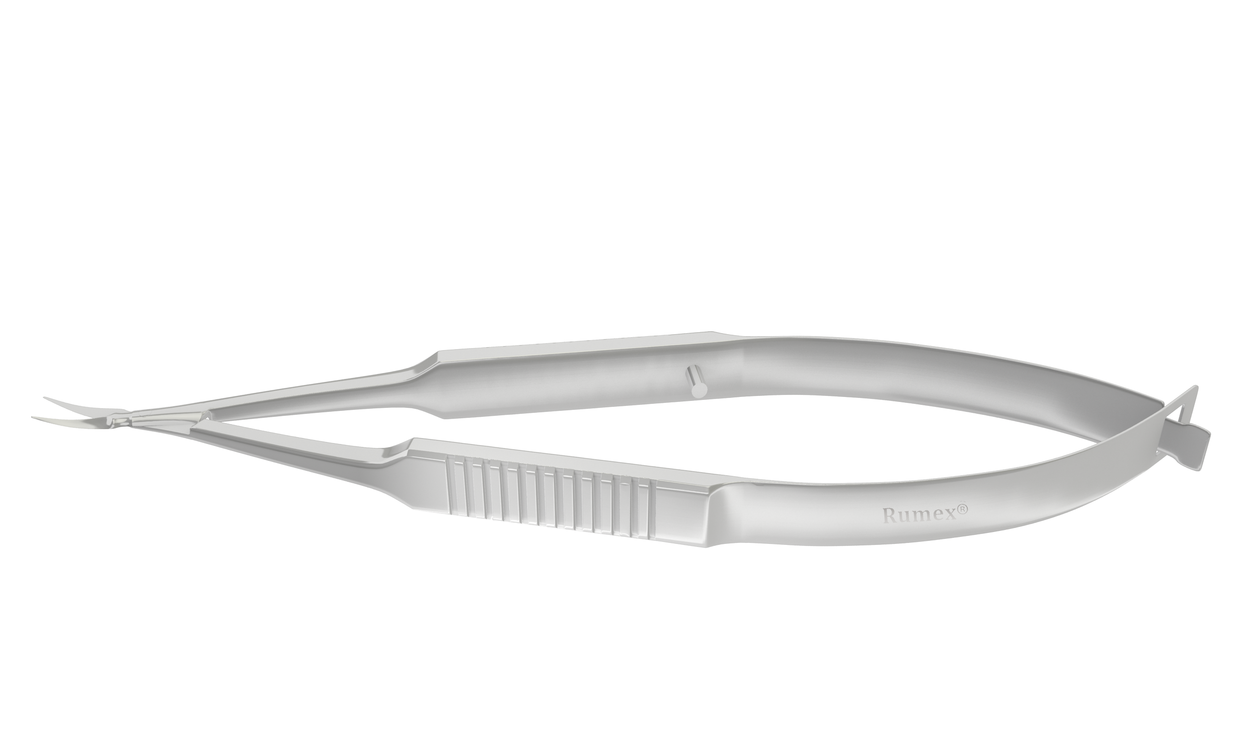 Curved Vannas capsulotomy scissors from a side angle showcasing the sharp tips.