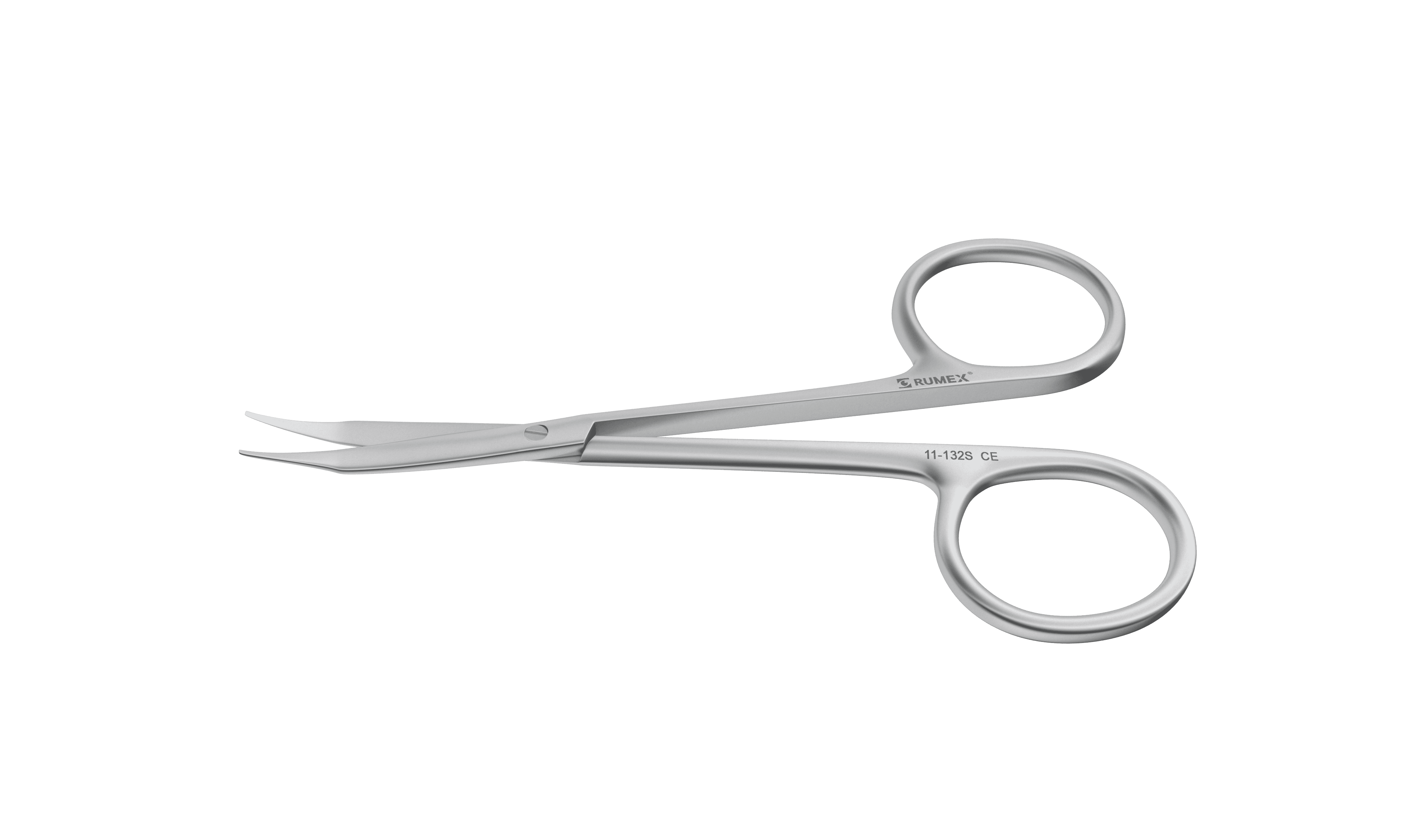 Close-up view of curved tenotomy scissors showing matte finish and blunt tips for delicate eye tissue