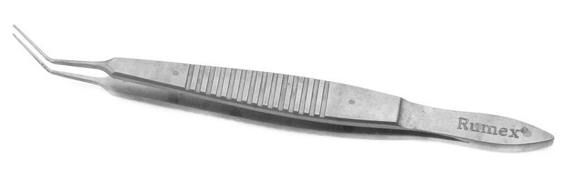 Angled lens holding forceps showcasing smooth jaws for IOL manipulation.