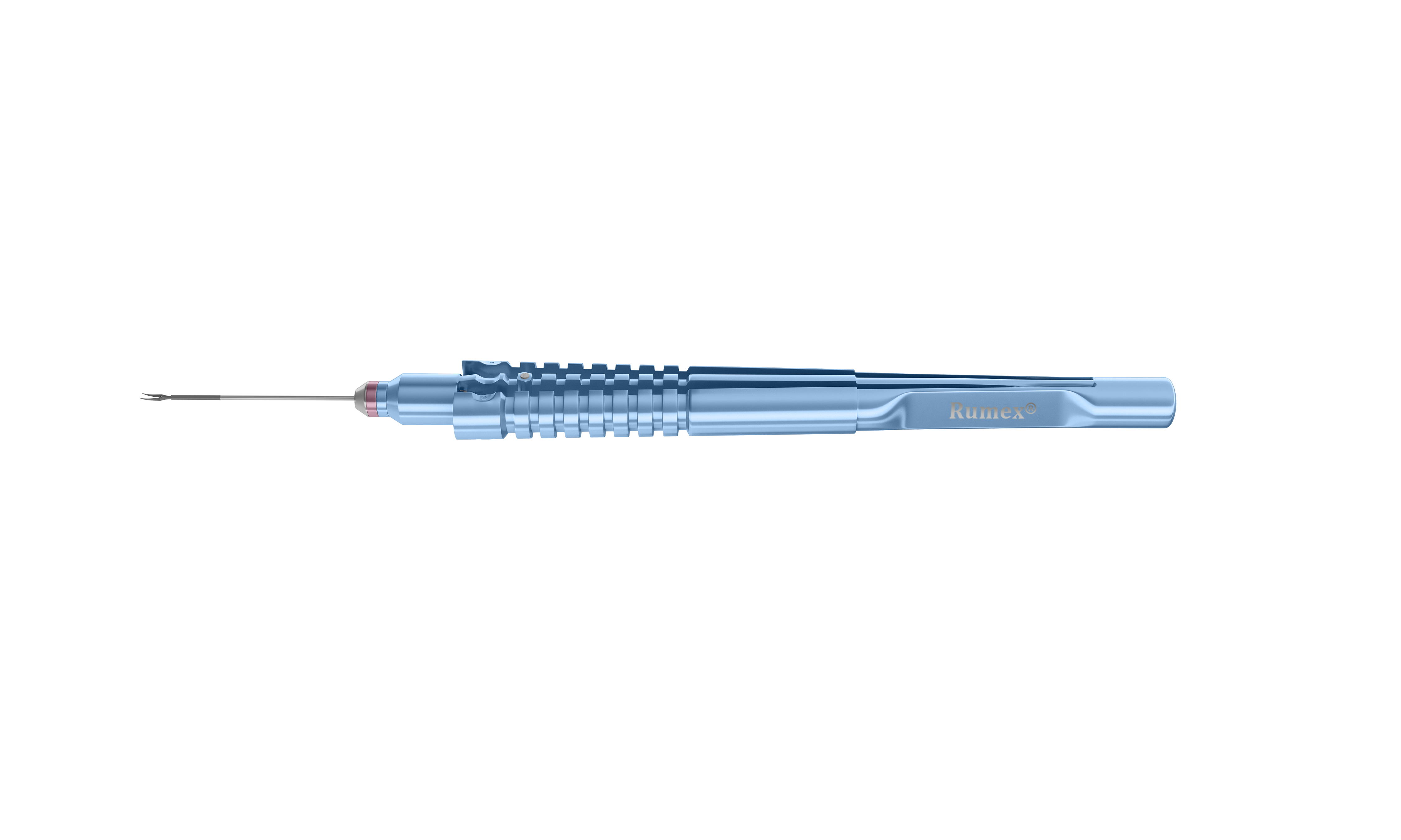 Curved subretinal scissors with RUMEX flushing system for precise eye surgery