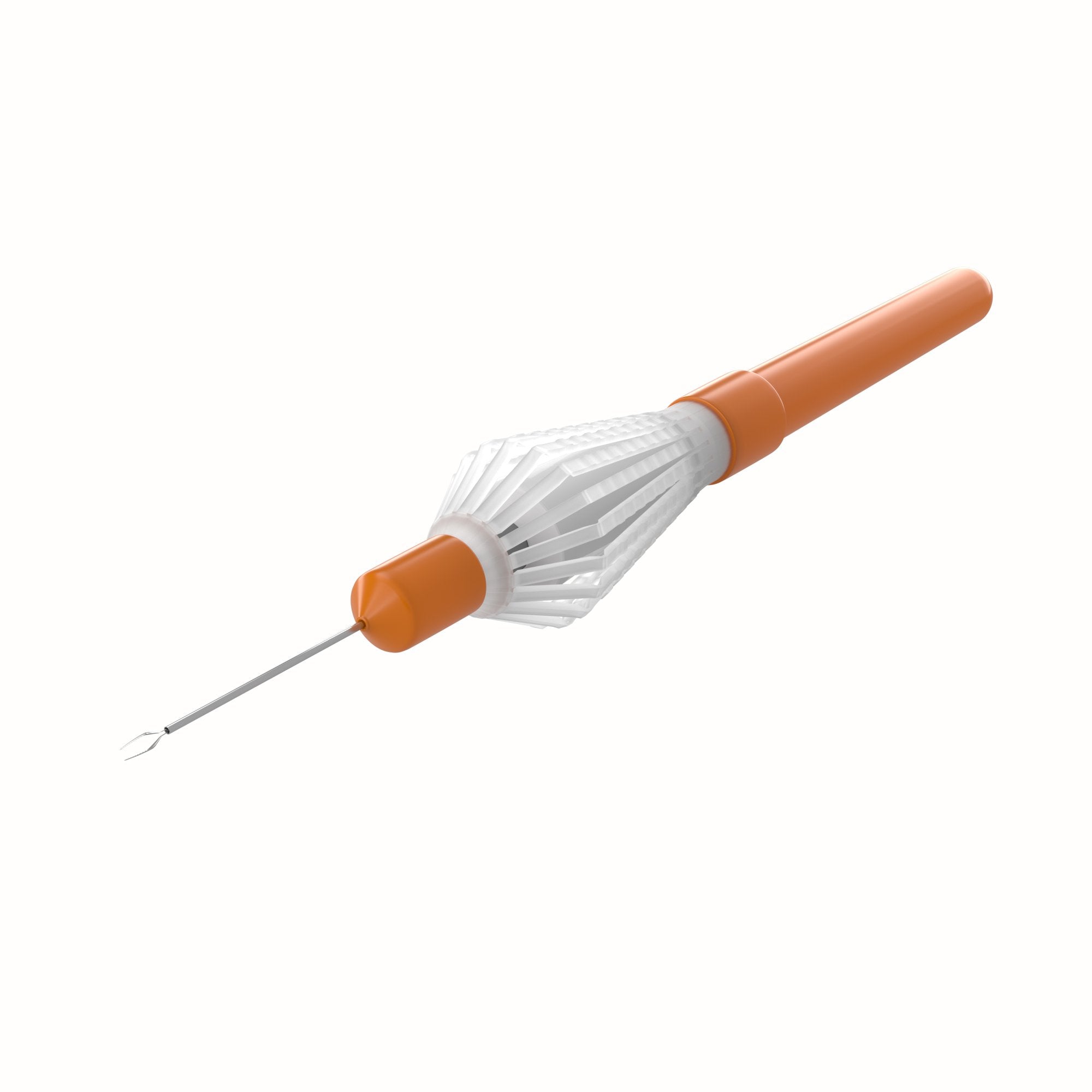 Precision 360° disposable vitreoretinal scissors from a top angle, showing the handle design and blade sharpness.