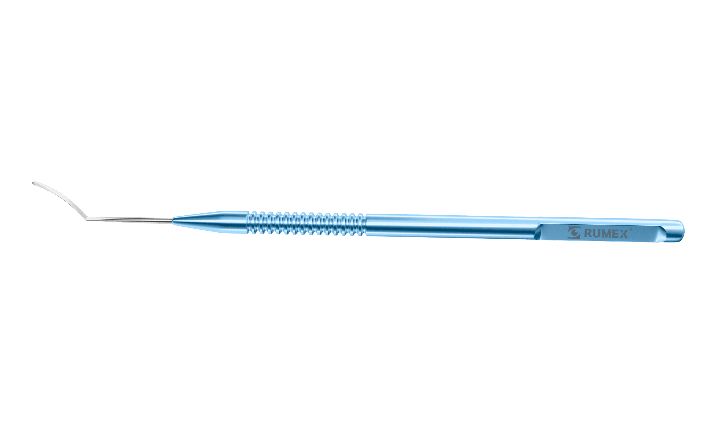 Close-up of OptiClear corneal dissector with curved design and round titanium handle, used in ophthalmic surgery