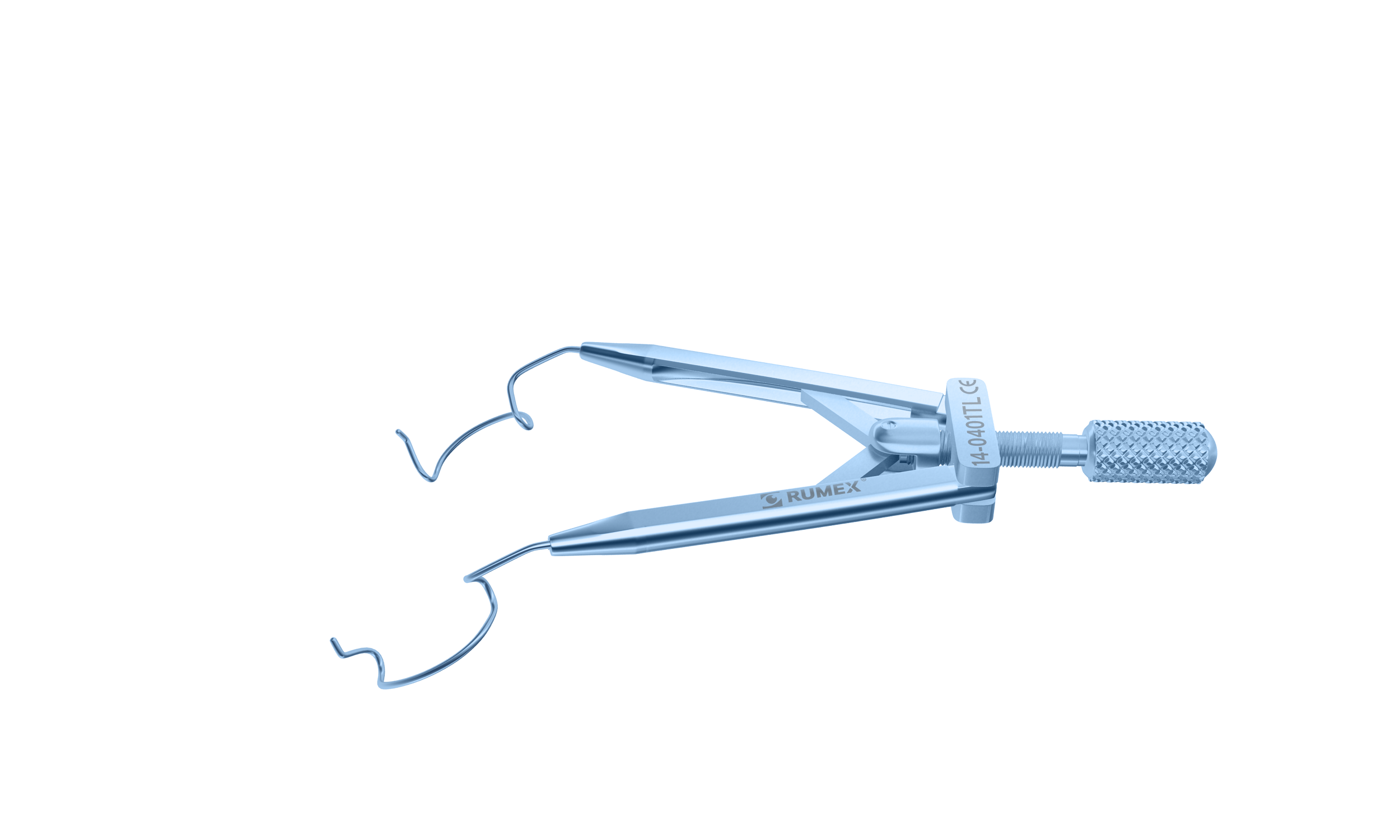 Top view of titanium eye speculum showing open blades and flat branches for LASIK
