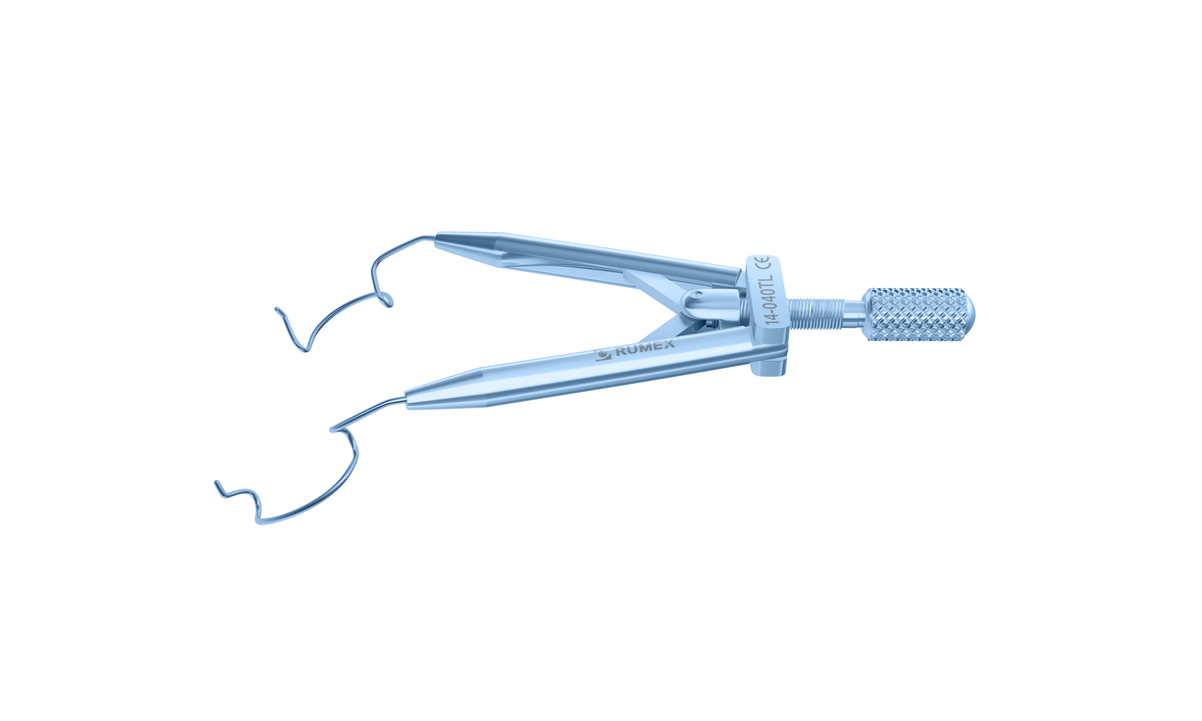 Close-up of titanium Lieberman LASIK speculum showing rounded open blades for eye access