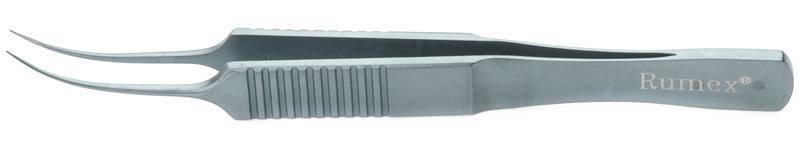 Close-up of McPherson curved tying forceps showing tungsten carbide-coated platform for enhanced grip