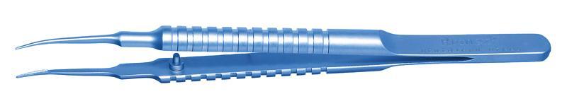 Catalano curved tying forceps showcasing the V-groove platform from the side, ideal for delicate surgical tasks.