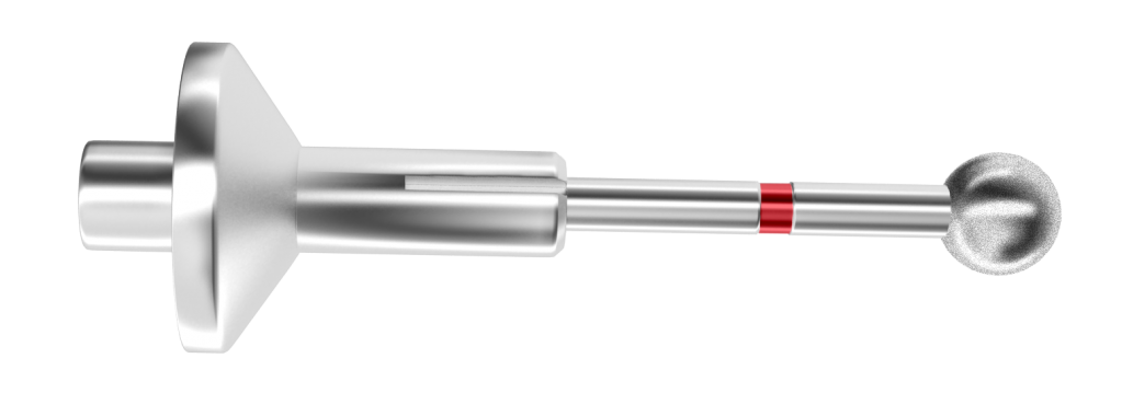 Diamond burr for corneal smoothing attached to Alger Brush, detailed view