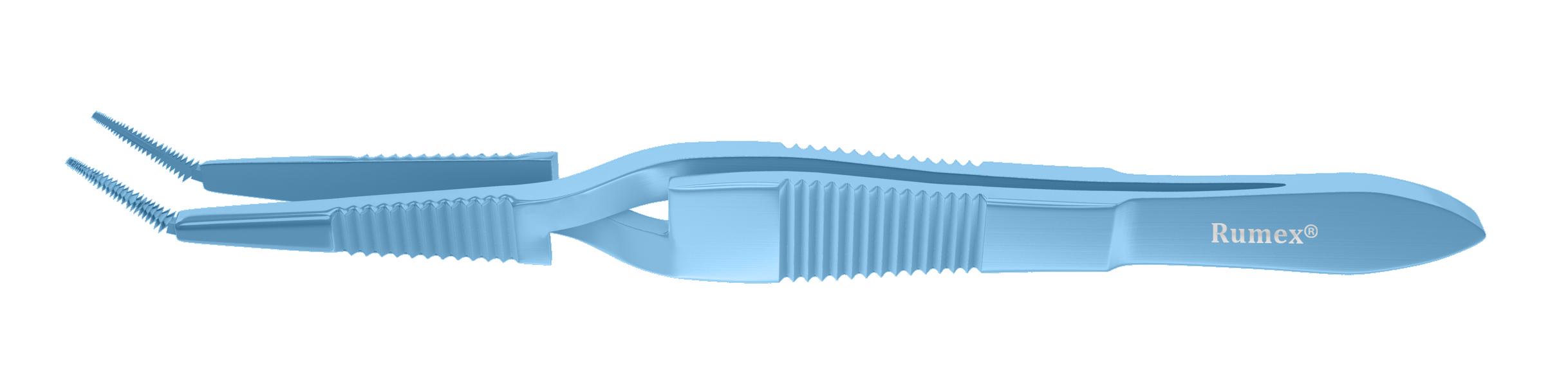 Close-up of titanium angled Watzke sleeve spreading forceps showing serrated tips for silicone sleeve placement