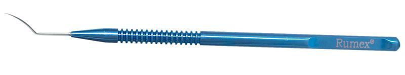 Close-up of the Precision Angled Titanium Surgical Hook showcasing the 0.15 mm shaft diameter.