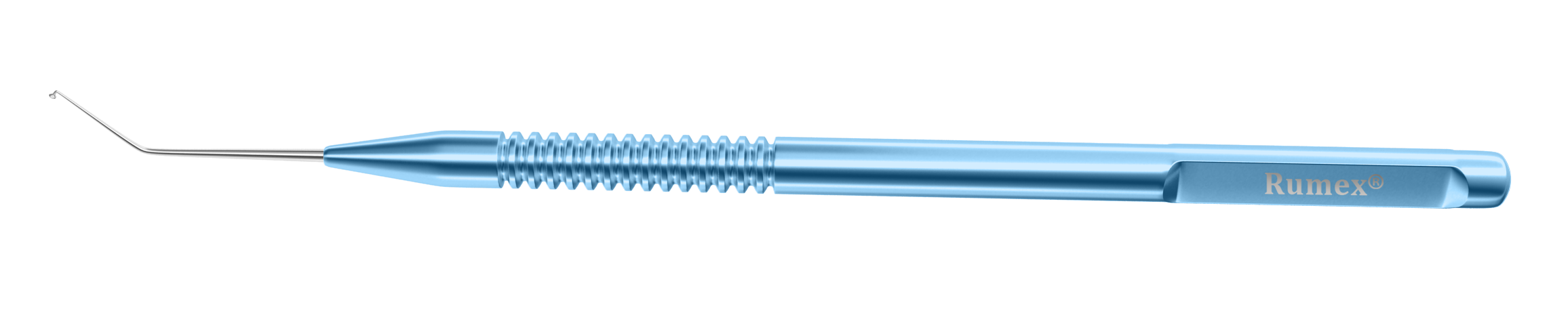 Rumex titanium lens manipulator showcasing its angled tip and ergonomic handle.