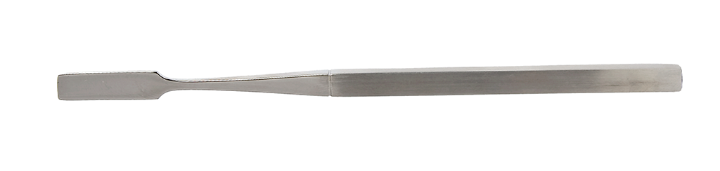 Precision surgical chisel viewed from the side, highlighting its stainless steel finish.