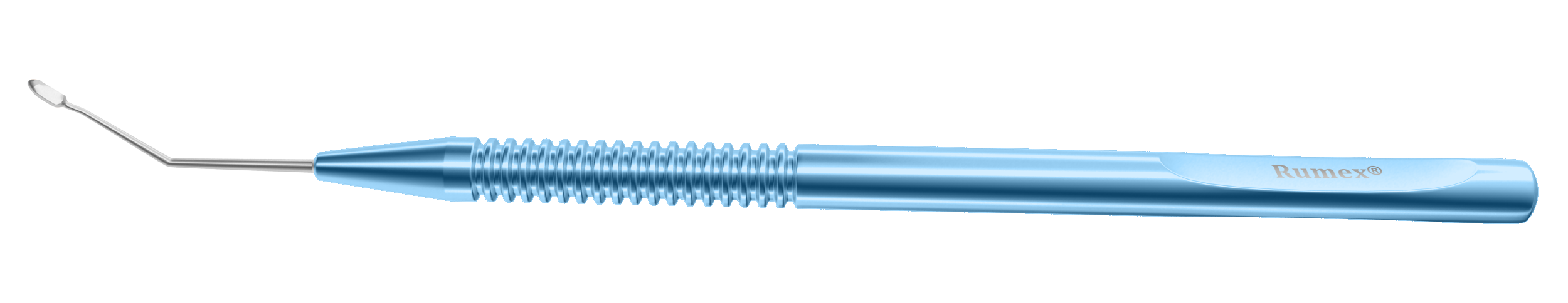 Angled Shaft Precision Capsule Polisher for ophthalmic surgery, showcasing its texturized bottom and sharpened ridge.