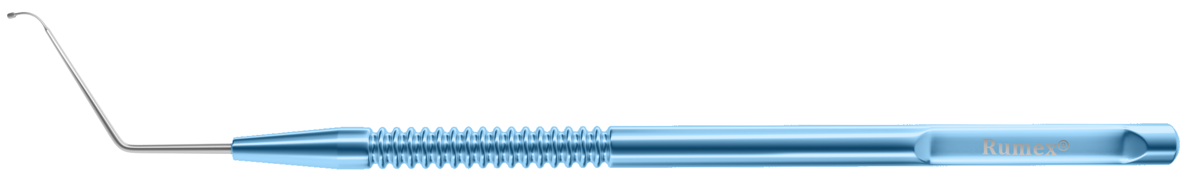 Triple edge phaco chopper showcasing its polished tip and titanium handle from a side angle.