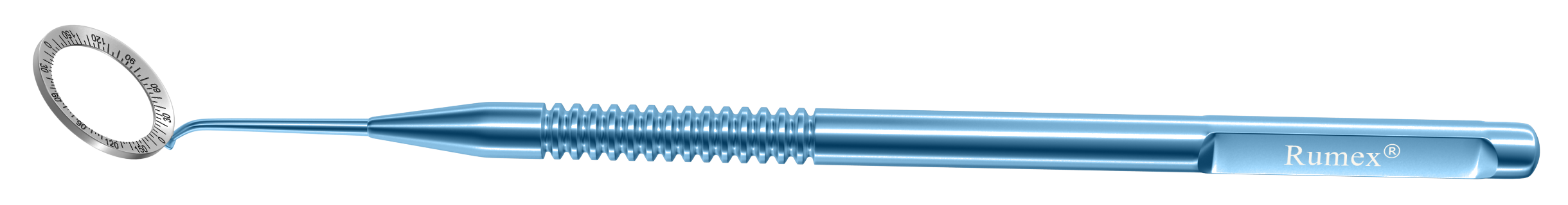 Close-up of titanium incision angle gauge with beveled face for eye surgery