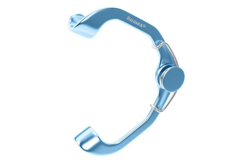 Pediatric eye speculum showing solid blades and ergonomic handle for cataract surgery