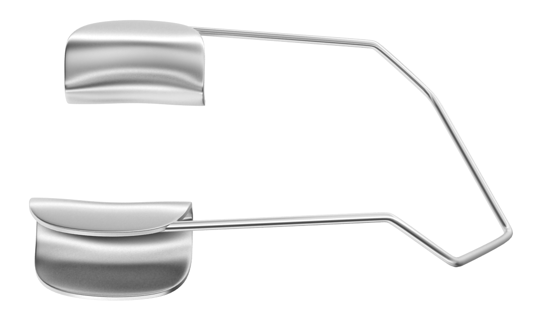 Child-sized Barraquer eye speculum with solid blades, angled for surgical precision.