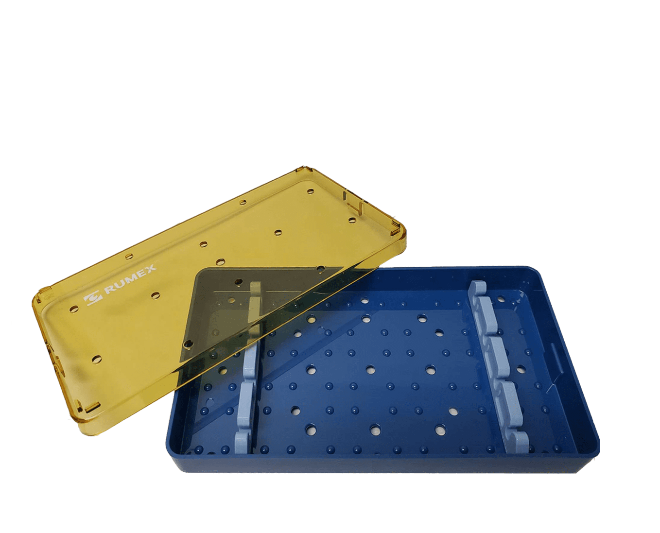 Sterilization tray with silicone inserts holding surgical instruments, viewed from above