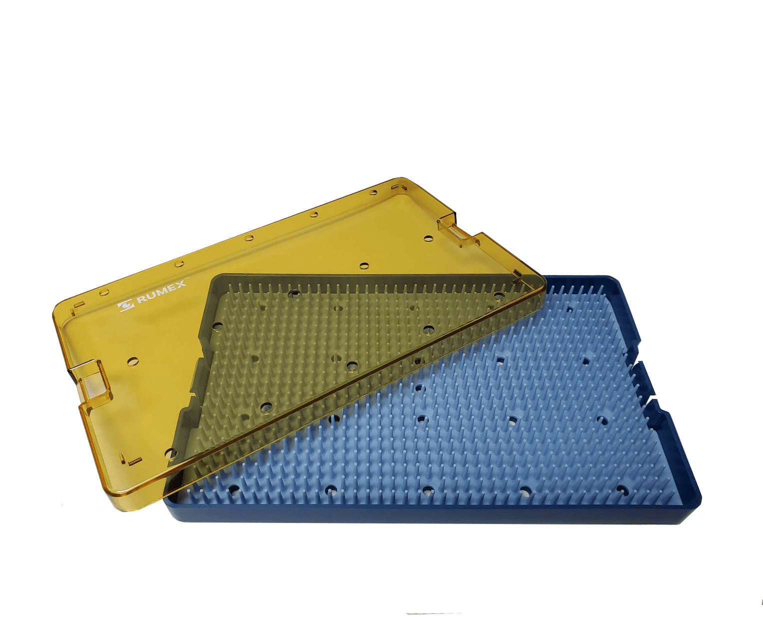 Close-up of sterilization tray with silicone mat for surgical tools