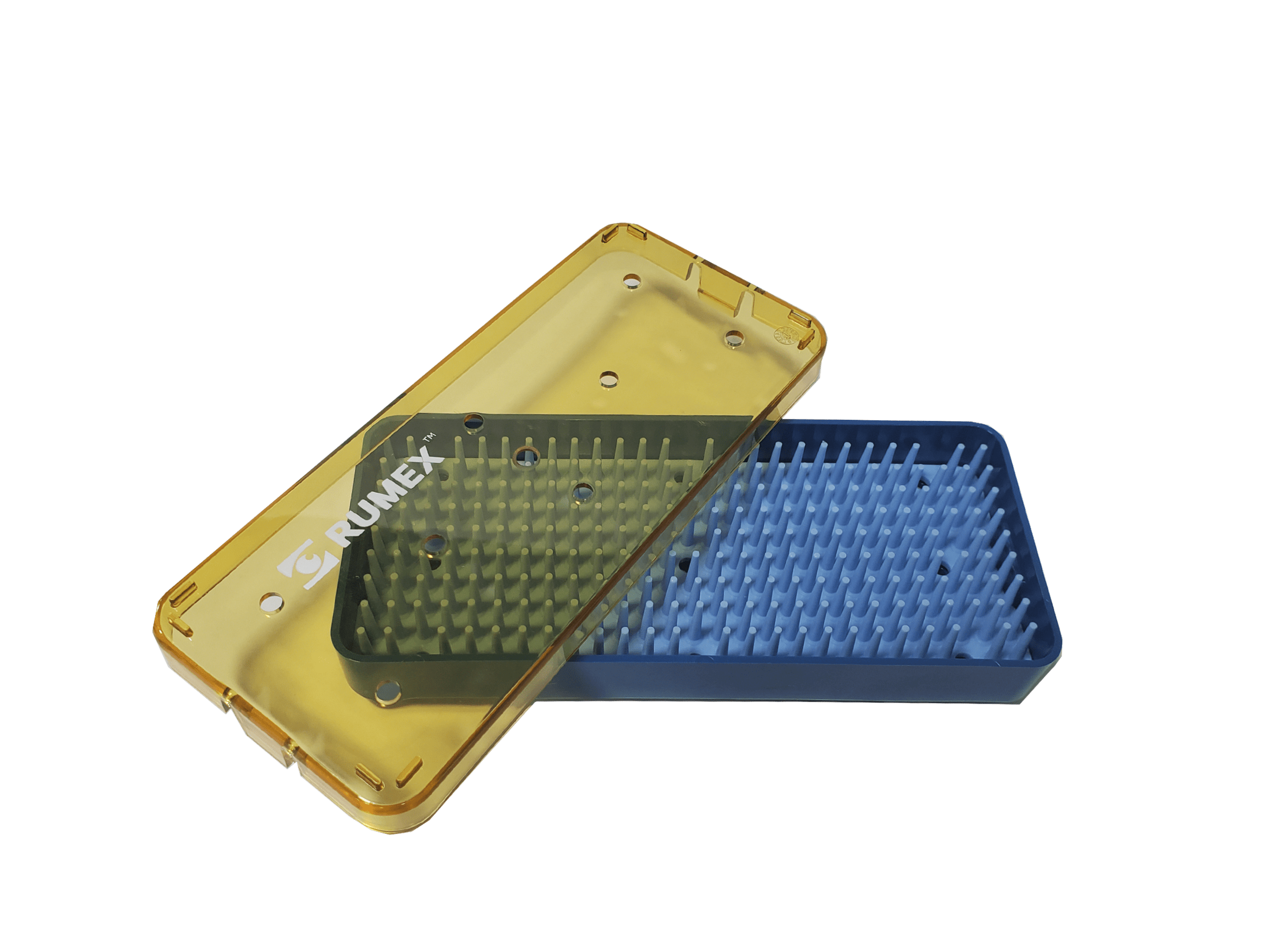 View of sterilization tray with silicone finger mat and surgical instruments inside