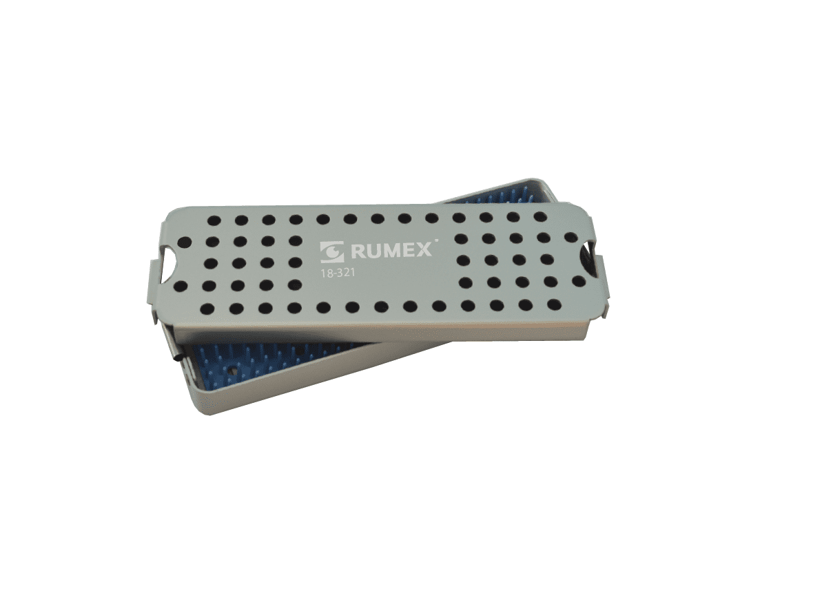 Aluminum sterilization tray with silicone mat holding surgical instruments