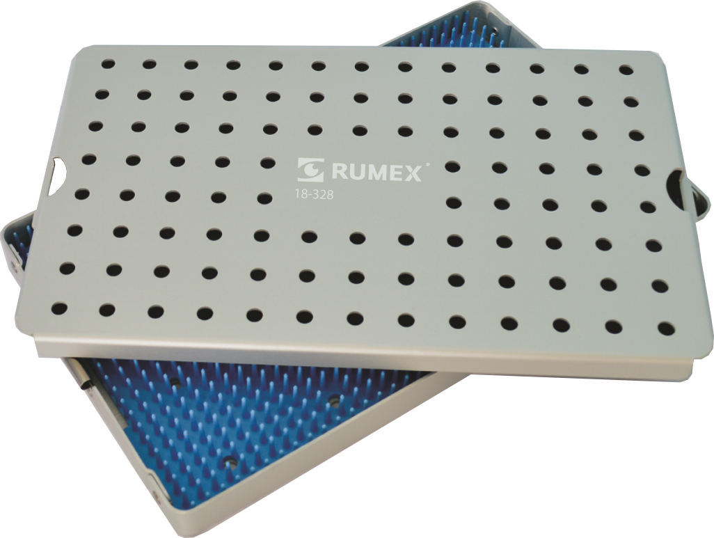 Front view of the aluminum sterilization tray with silicone mat, ideal for surgical instruments.