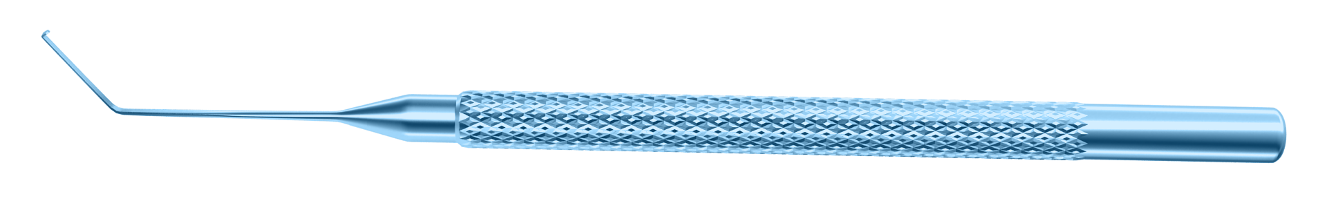 Close-up of titanium DSAEK scraper showing 90° angled tip and ergonomic shaft