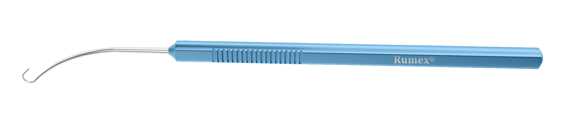 Close-up of the titanium Scobee oblique muscle hook showcasing the curved 4.5 mm tip for surgical use.
