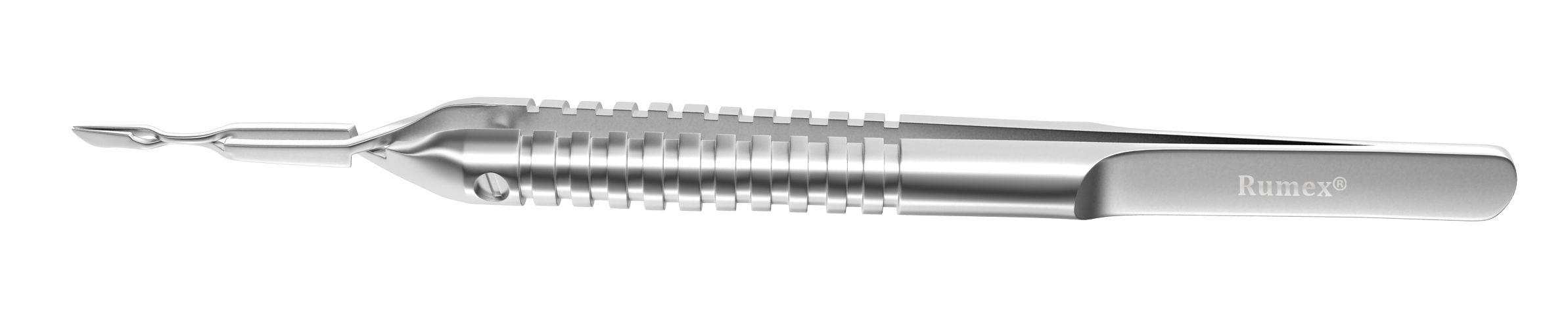 Close-up of the Precision Coaxial Prechopper for micro phaco surgery, highlighting its stainless steel finish and blade design.