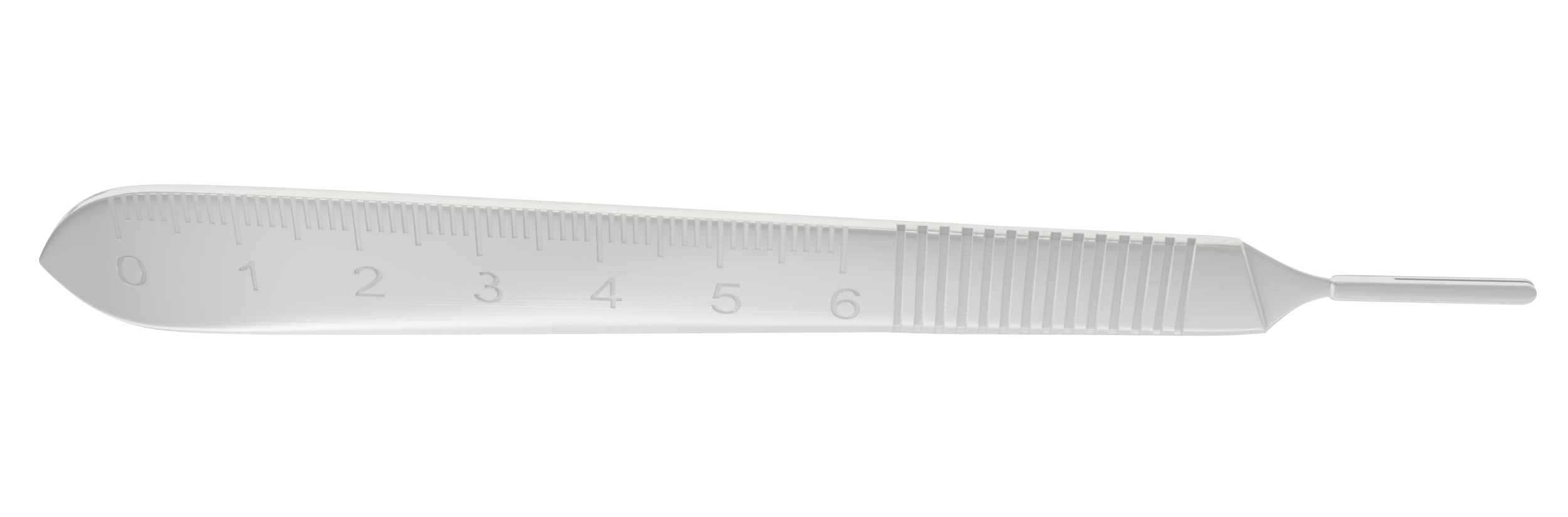 Close-up of flat Bard Parker handle showing serrated grip and stainless steel finish