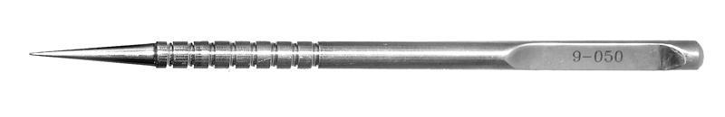 Stainless steel lacrimal dilator with ergonomic handle for eye surgery use.