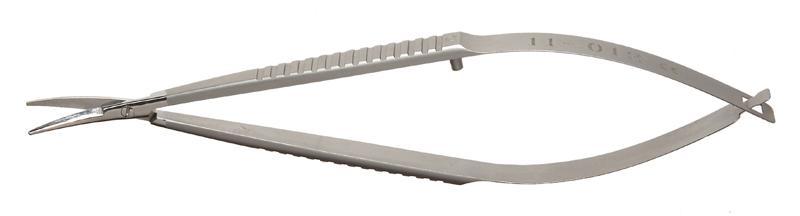 Close-up of Precision Castroviejo corneal scissors showing blunt tips and sleek design.