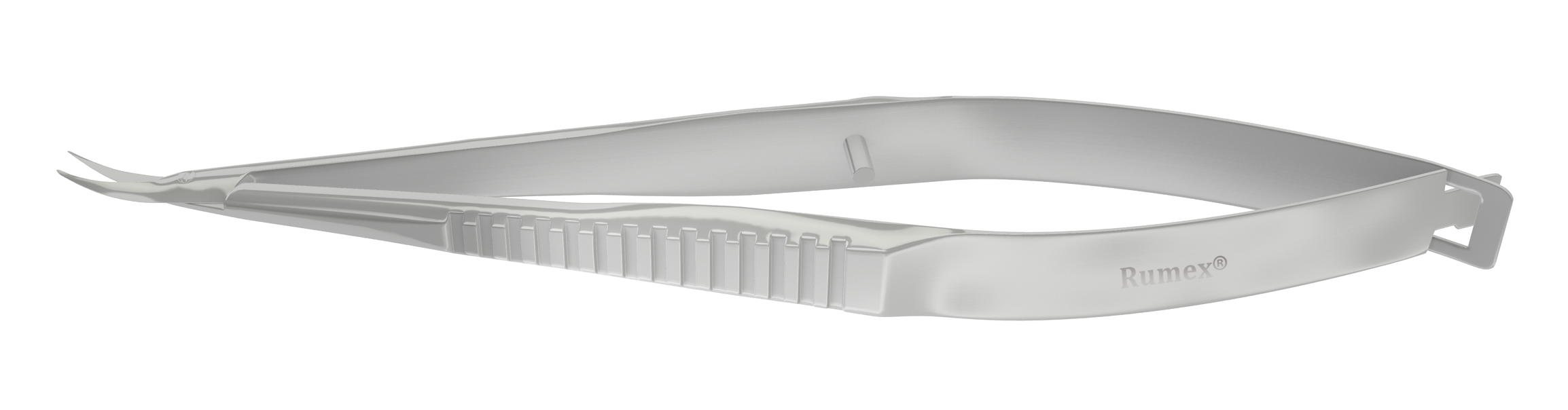 Castroviejo curved corneal scissors showing sharp edges and blunt tips from a side angle.
