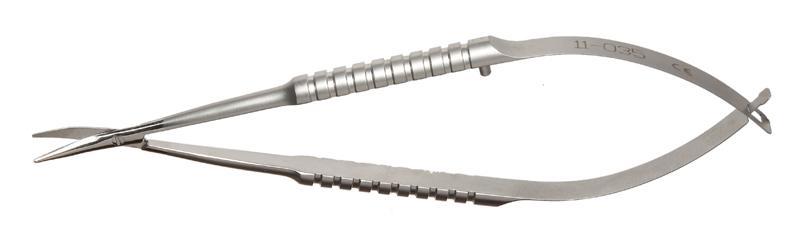 Close-up view of precision blunt tip corneal scissors showcasing curved blades.