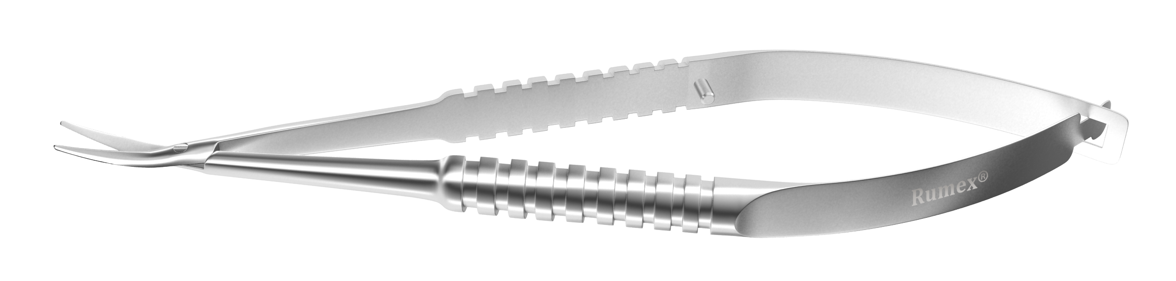 Close-up view of Precision Plus Corneal Scissors featuring blunt tips and curved blades.