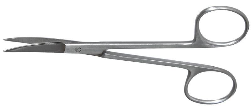 Close-up of precision curved iris scissors showcasing sharp tips and stainless steel finish.