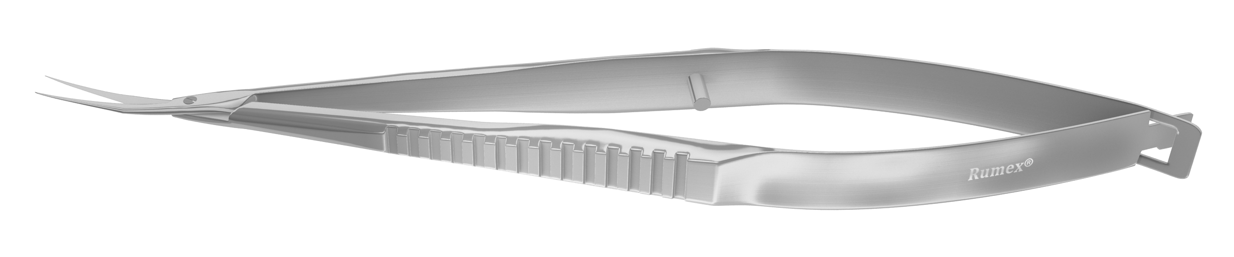 Close-up of surgical scissors showing pointed 16mm blades and stainless steel finish