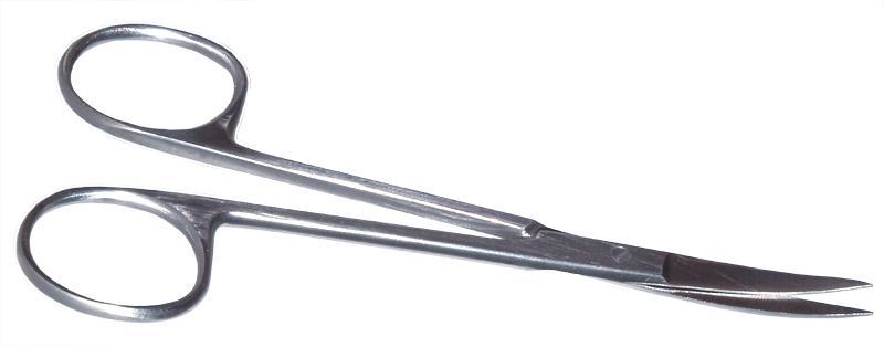 Curved strabismus scissors with ring handle, showcasing sharp cutting edges and matte finish.