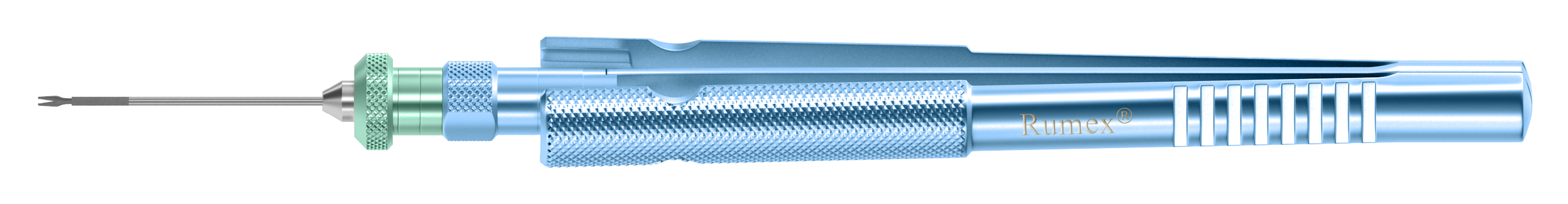 Close-up of end-gripping micro forceps in sterile tray, showing nail-shaped tip for ILM peeling