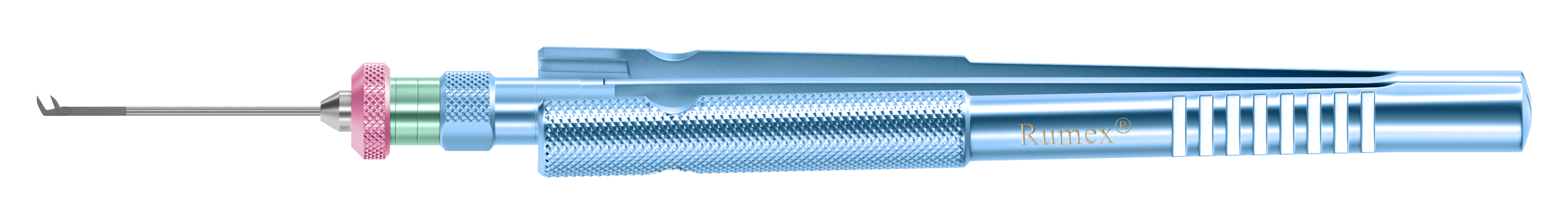 Vitreoretinal scissors with curved tips for eye surgery, showing sharp blades and ergonomic design