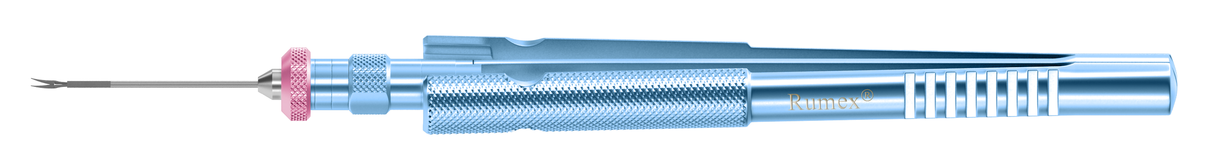 Close-up of RUMEX PrecisionCurve 25G scissors tip showing curved blade for subretinal access