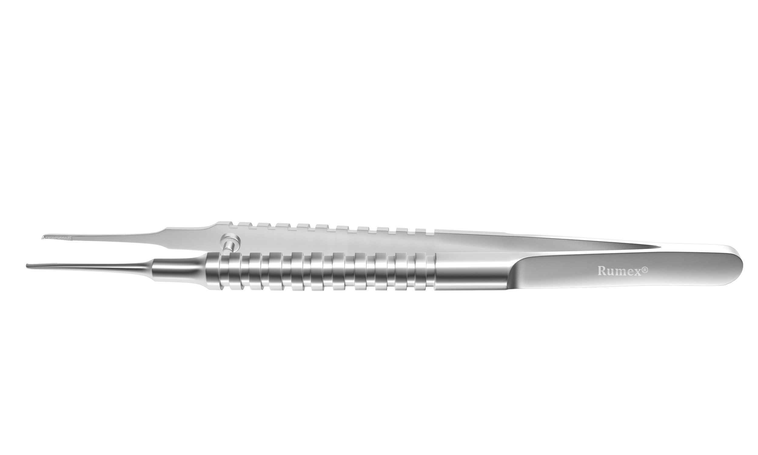 Close-up of stainless steel corneal forceps with tungsten carbide coating for eye surgery