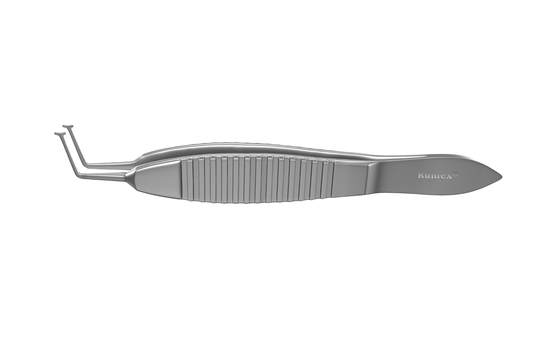 Close-up of Precision DMEK grasping forceps showcasing the thin grasping platform for stability.