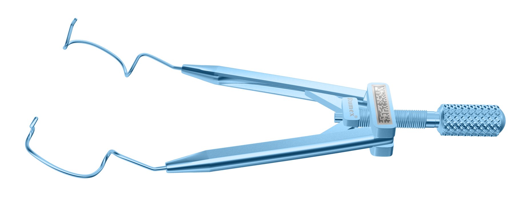 Close-up of titanium nasal speculum with 14mm open blades for LASIK procedures