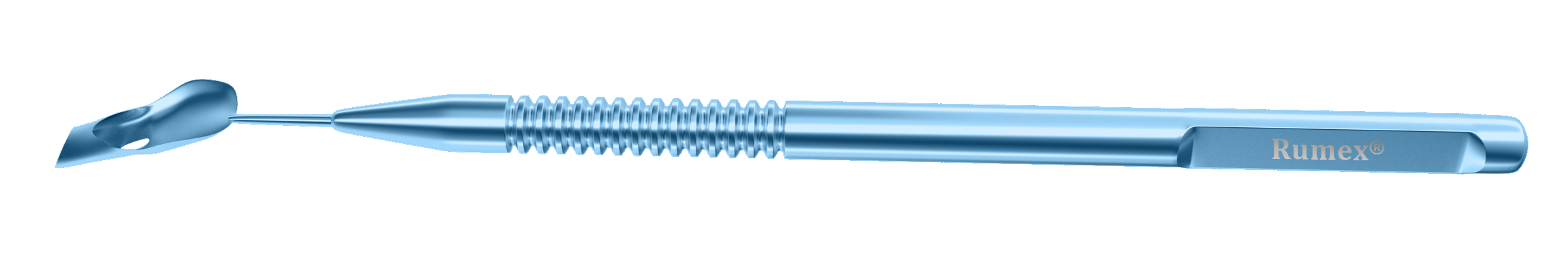 Close-up of titanium corneal spatula showing fine tip for graft insertion