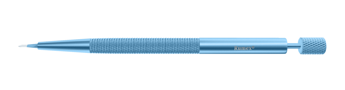 Close-up view of the diamond surgical knife showcasing its sharp blade and titanium handle.